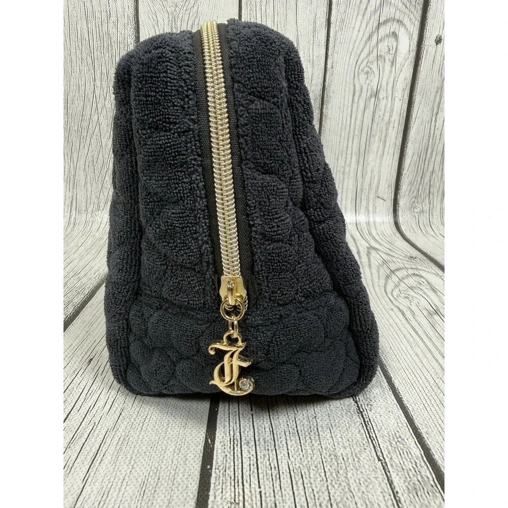 Juicy Couture Black Velour Cosmetic Bag Y2K Gothic JC Monogram Makeup Pouch